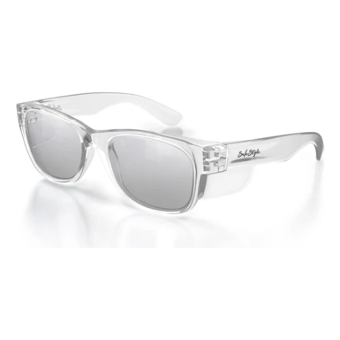 Clear frame photochromic safety glasses with rectangular design, Safe Style FCH100.