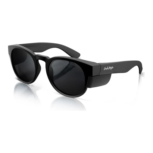 Matte black polarized safety glasses with circular lenses and side shields for stylish protection.