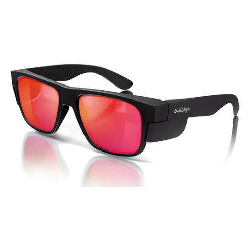 Safe Style FMBRP100 Fusions safety glasses with matte black frame and red mirrored polarised lenses.