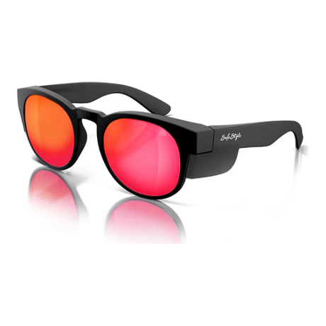 Matte black frame safety glasses with red polarised lenses for UV protection and style.