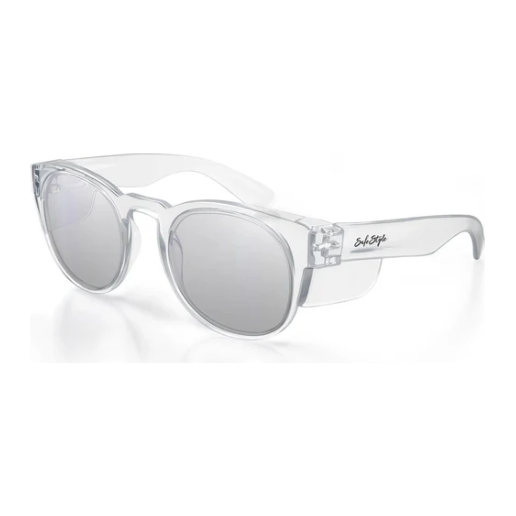 Clear frame photochromic safety glasses with circular lenses, offering UV protection and retro-inspired design.