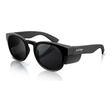 Matte black polarized safety glasses with circular lenses and side shields for stylish protection.