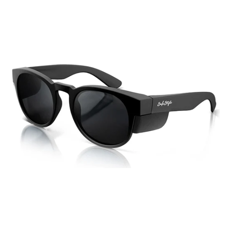 Matte black polarized safety glasses with circular lenses and side shields for stylish protection.