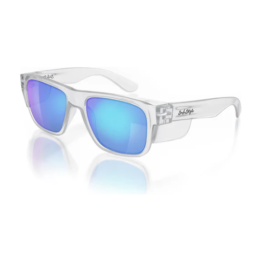 Clear frame blue mirrored Safe Style FCBP100 polarised safety glasses with high UV protection.