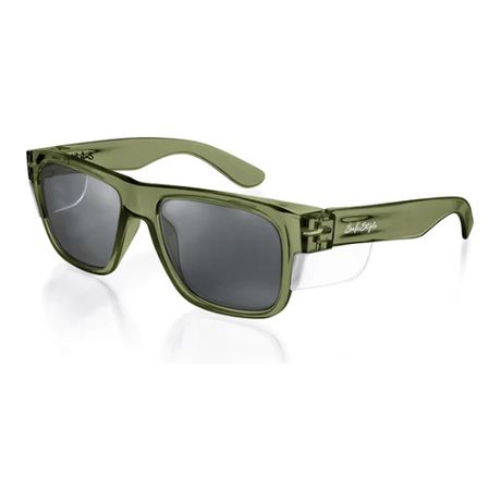 Safe Style FGRP100 Fusions green frame polarised safety glasses with translucent design.