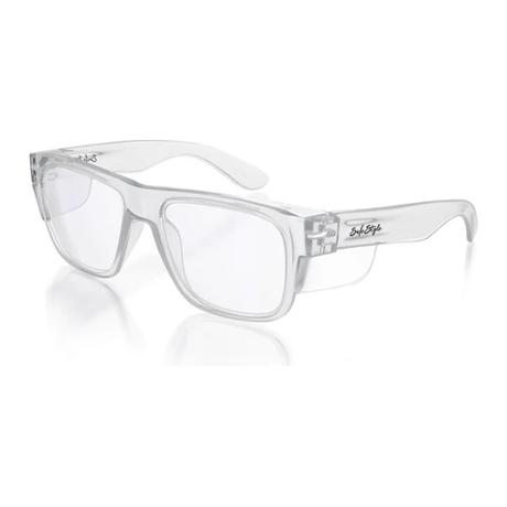 Safe Style FCC100 Fusion clear frame safety glasses with UV protection and AS/NZS 1337.1 certification.