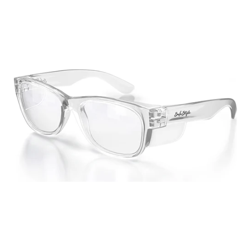 Safe Style CCC100 Classic Clear Frame Safety Glasses with UV protection and stylish design.