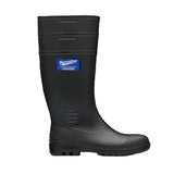 A single black rubber rain boot with a blue and white 'WetterLite' logo patch on the side, shown against a solid light beige background.