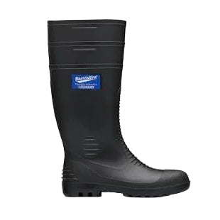 A single black rubber rain boot with a blue and white 'WetterLite' logo patch on the side, shown against a solid light beige background.